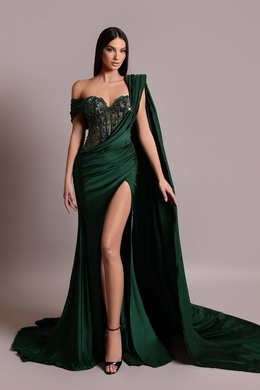 Dark Green Sleeveless Sweetheart Asymmetric Beadeds Mermaid Prom Dress