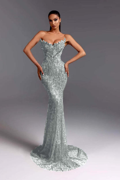 Sleeveless Strapless V-Neck Beads Mermaid Prom Dress