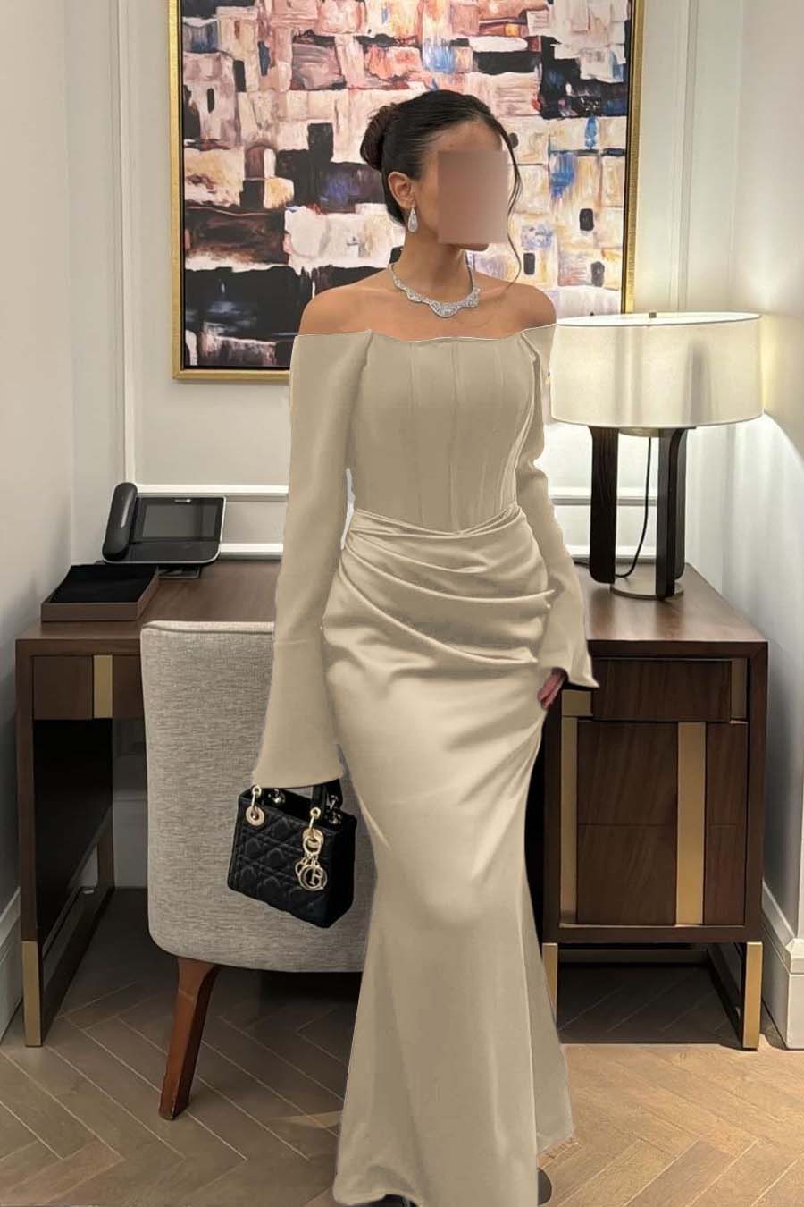 Chic Satin Regency Off the Shoulder Long Sleeves Mermaid Prom Dress with Pleated