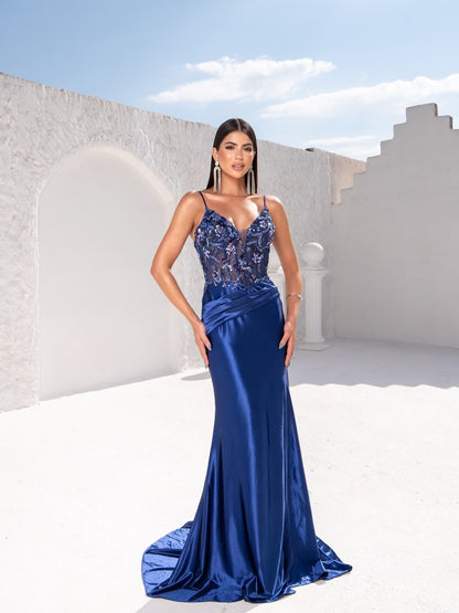Chic Sequins Sleeveless V Neck Spaghetti Strapless Appliques Prom Dress