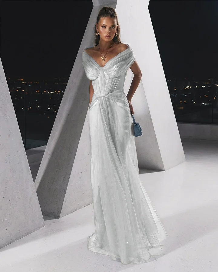 Flowing Dusty Blue Off-The-Shoulder Pleated Long Tulle Evening Dress