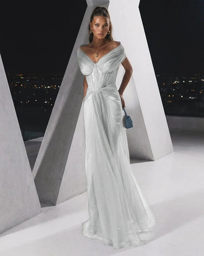 Flowing Dusty Blue Off-The-Shoulder Pleated Long Tulle Evening Dress