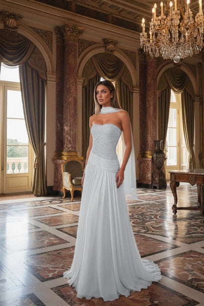 Strapless Beadings Sleeveless Square Prom Dress With Scarf