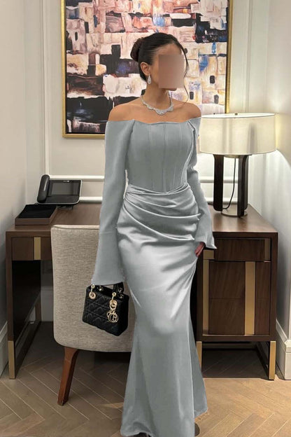 Chic Satin Regency Off the Shoulder Long Sleeves Mermaid Prom Dress with Pleated