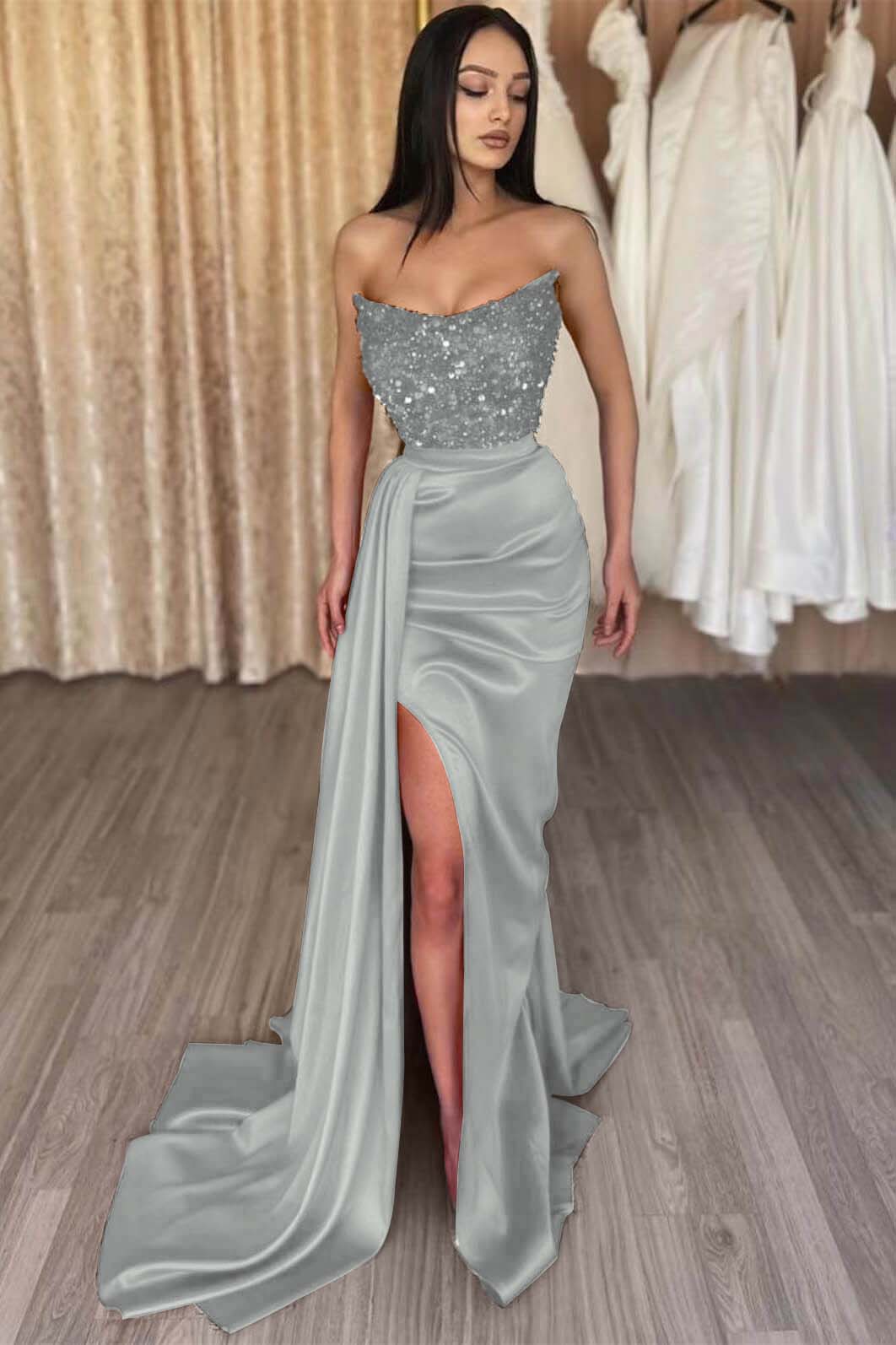 Red Strapless Elegant Long Sequins Prom Dress Mermaid Slit