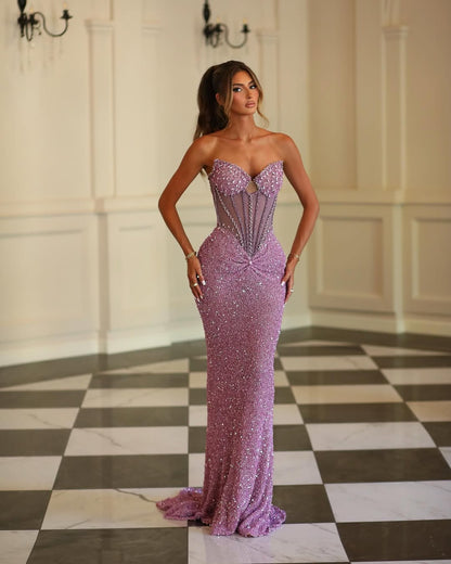 Sleeveless V-Neck Strapless Prom Dress With Beads