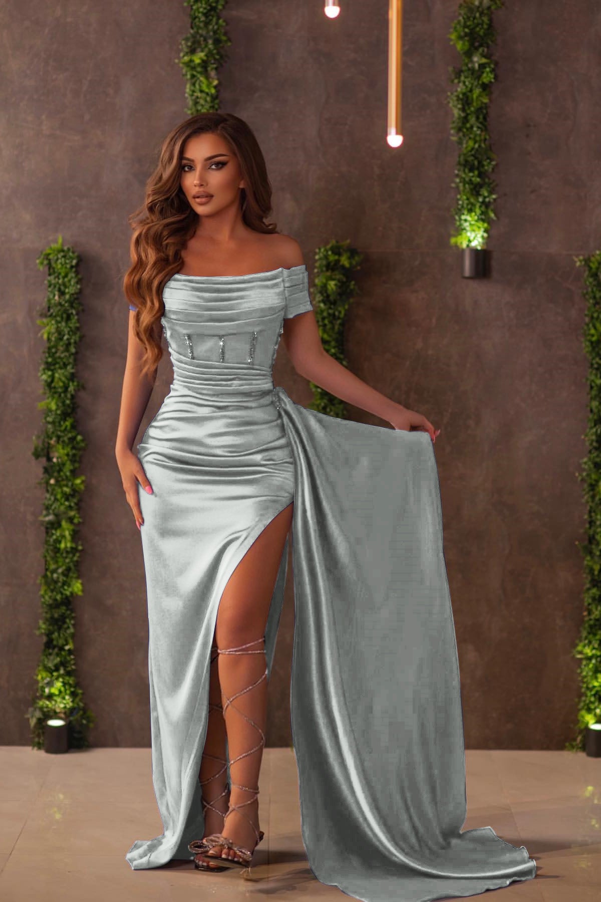 Royal Blue Off-the-Shoulder Slit Evening Dress With Ruffles