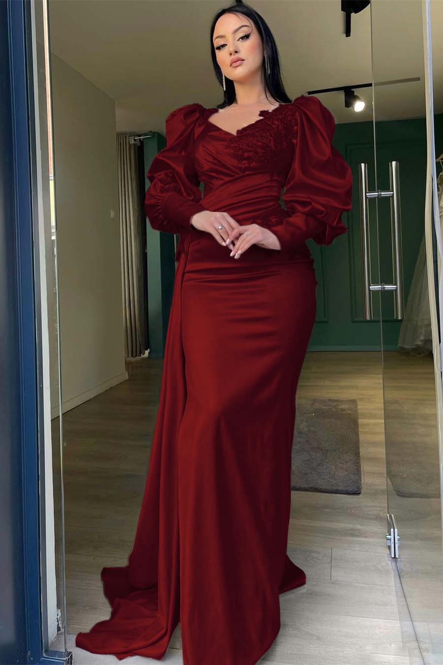 Long Puff Sleeves Mermaid Prom Dress With Appliques Ruffles
