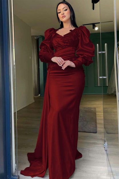 Long Puff Sleeves Mermaid Prom Dress With Appliques Ruffles