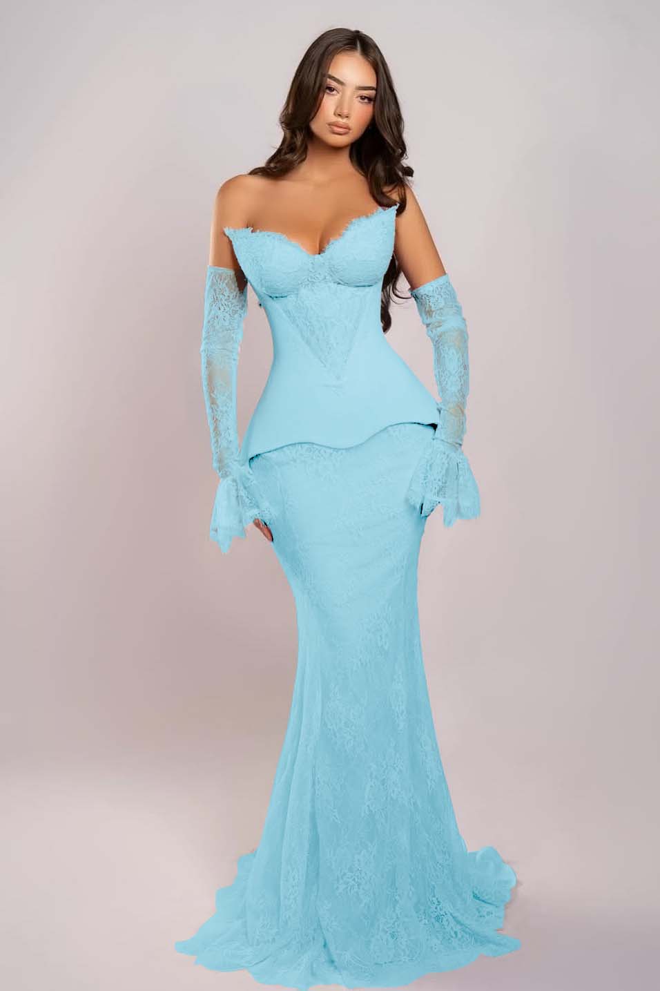 Elegant Pink Sleeveless V-Neck Strapless Lace Mermaid Prom Dress With Appliques