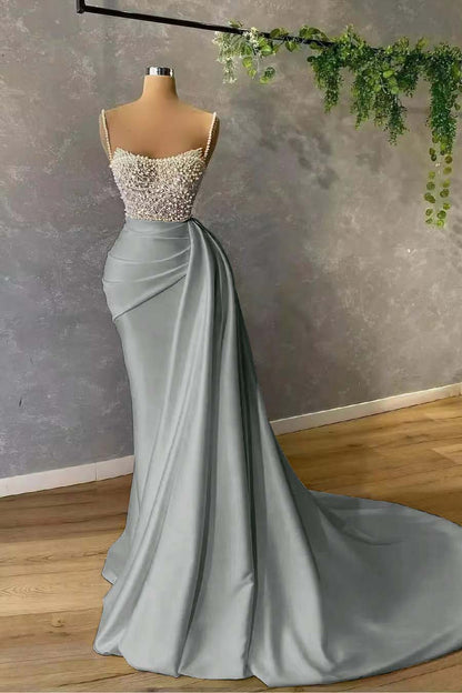 Gorgeous Spaghetti-Straps Pearl Mermaid Evening Dress With Sequins Pleated