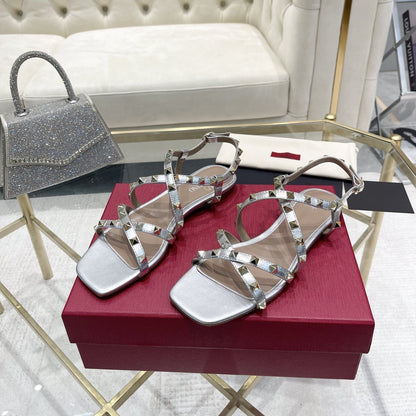 Rockstud 1cm Square Toe Rose Cannelle and Silver Leather Sandals