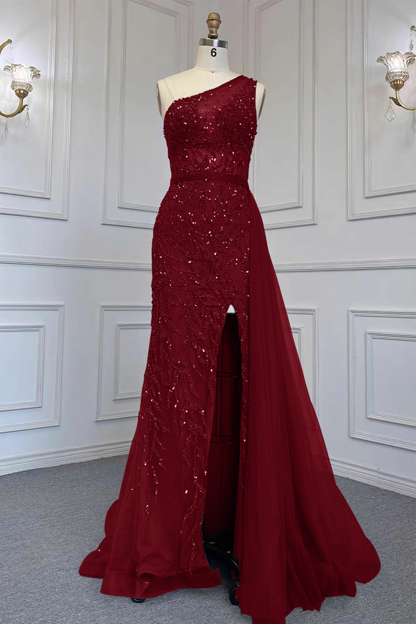 Gorgeous One Shoulder Beadings Tulle Evening Dress With Slit Rhinstone