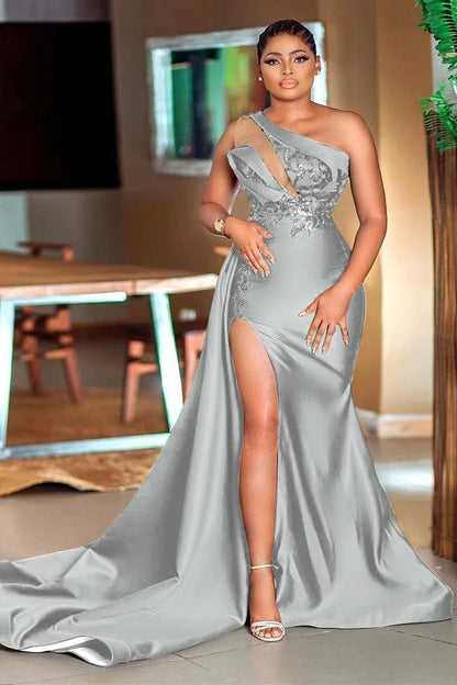 One-Shoulder Mermaid Sequins Green Prom Dress With Slit