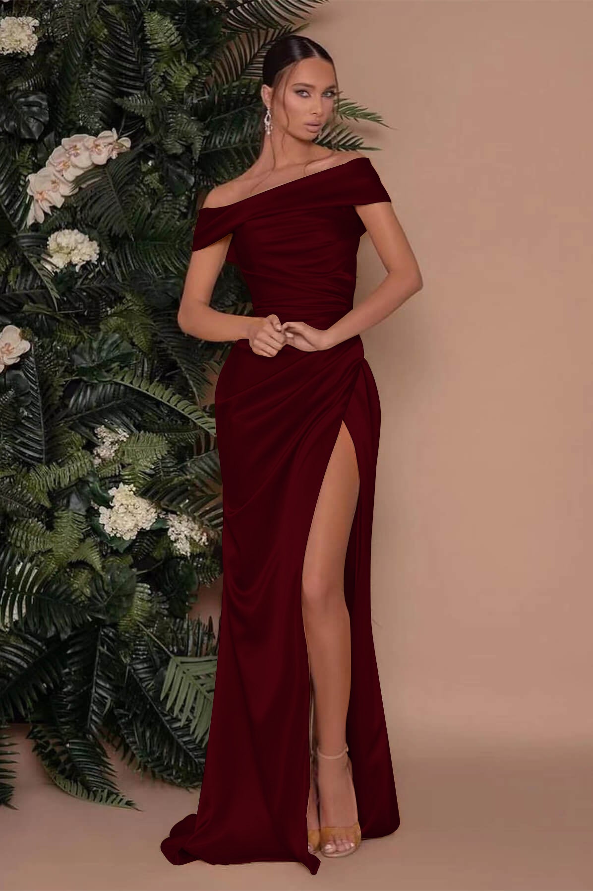 Champagne Off The Shoulder Prom Dress Charmeuse Slit Mermaid