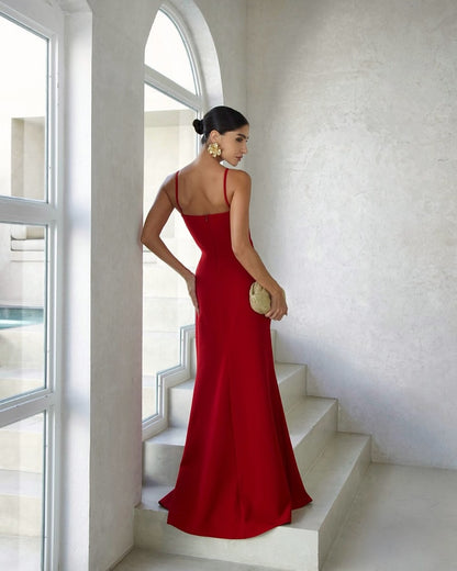 Elegant Red Satin Spaghetti Strap Sleeveless Ruffles Prom Dress with Split