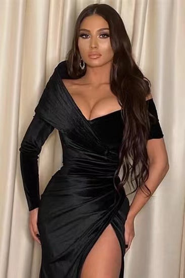Black  Long Sleeves Prom Dress With Mermaid Split Off-The-Shoulder