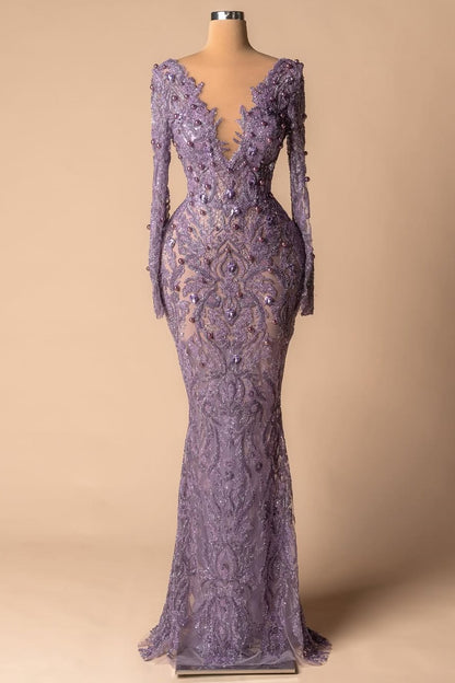 Long Sleeves Deep V-Neck Mermaid Beads Prom Dress With Pearls