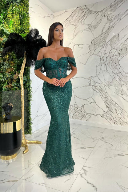 Elegant Dark Green Sweetheart  Off-The-Shoulder Prom Dress With Applique Sequins