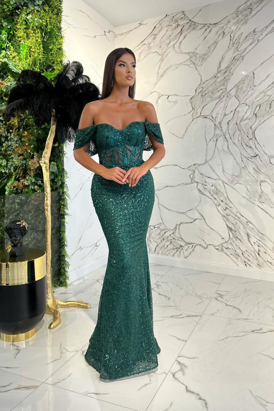 Elegant Dark Green Sweetheart  Off-The-Shoulder Prom Dress With Applique Sequins