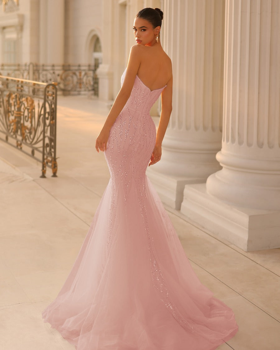 Pink Sleeveless Strapless Beads Embroidery Mermaid Prom Dress