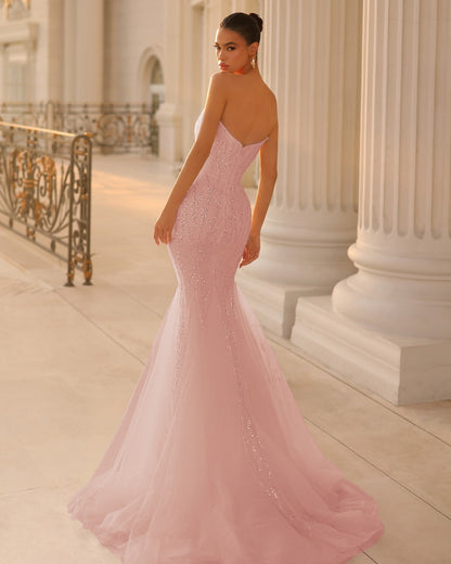 Pink Sleeveless Strapless Beads Embroidery Mermaid Prom Dress