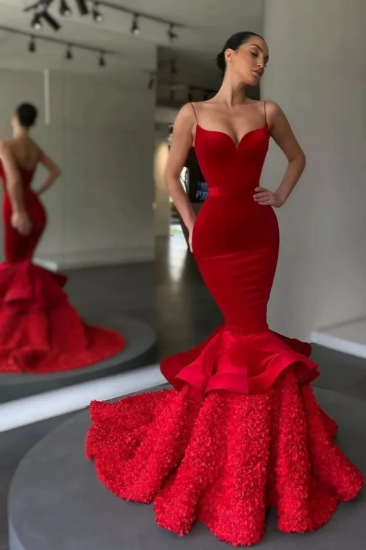 Red Spaghetti Straps Charming Mermaid Velvet Prom Dress