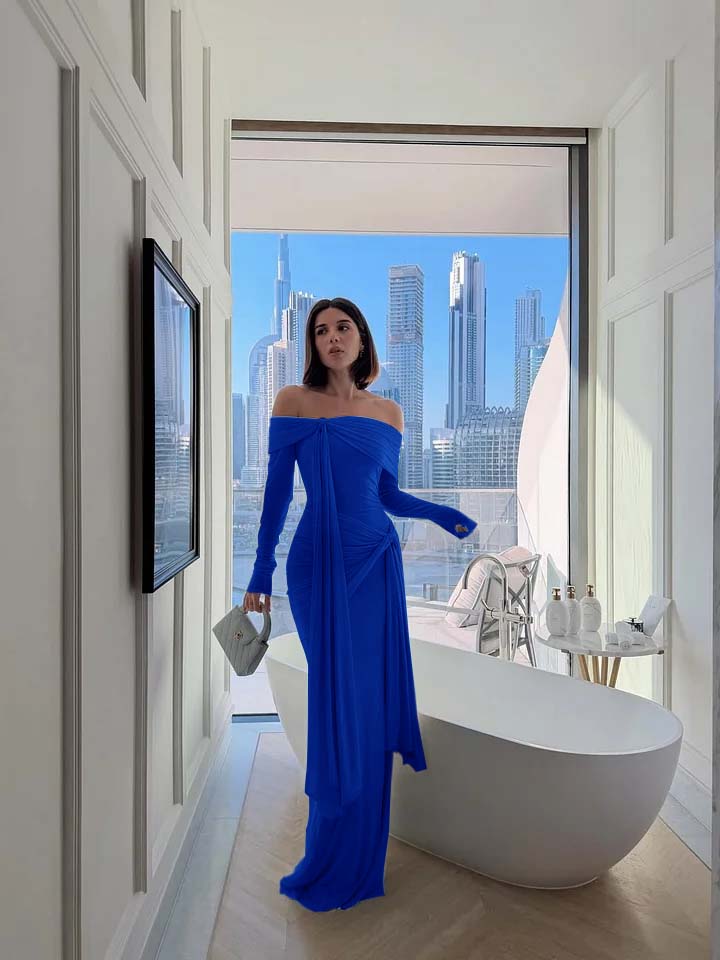 Chic Sky Blue Off-The-Shoulder Long Sleeves Pleated Chiffon Evening Dress