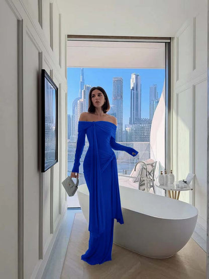 Chic Sky Blue Off-The-Shoulder Long Sleeves Pleated Chiffon Evening Dress