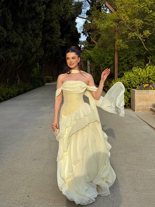 Dreamy Daffodil Off-The-Shoulder Split Ruffles Chiffon Evening Dress With Scarf