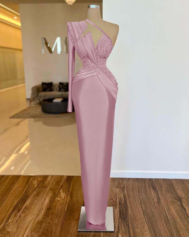Noble Fuchsia One Shoulder Long Sleeve  Mermaid Evening  Dress With Beads