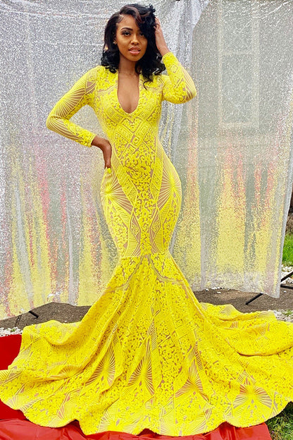 Bright Yellow Long Sleeves Mermaid Prom Dress Sleeveless Trumpet