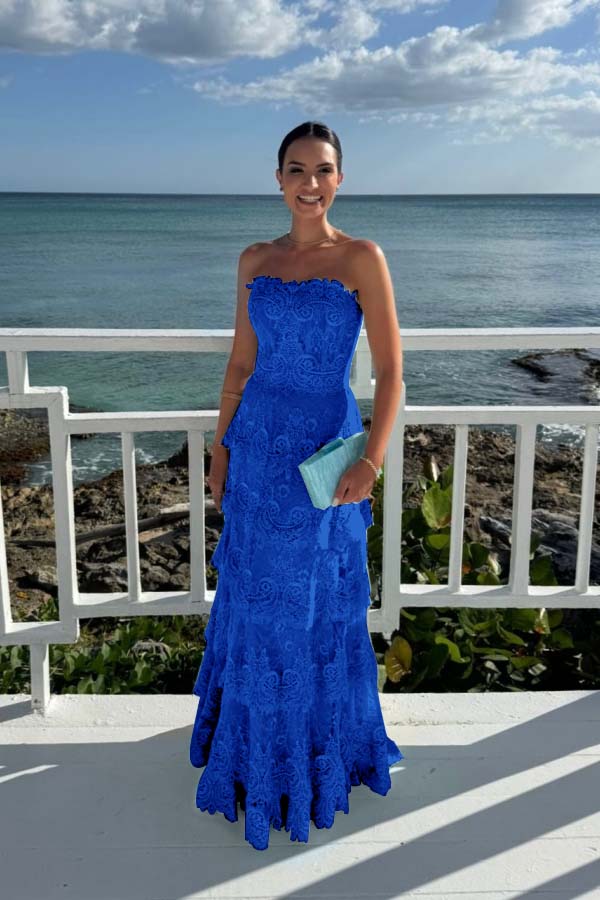 Elegant Mint Green Lace Strapless Sleeveless Prom Dress with Ruffles