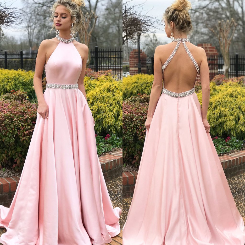 Halter Sleeveless Mermaid Prom Dress Pink With beads