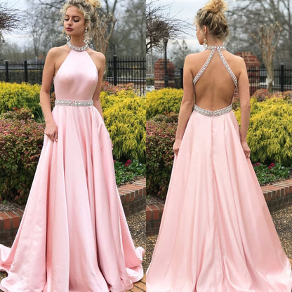 Halter Sleeveless Mermaid Prom Dress Pink With beads