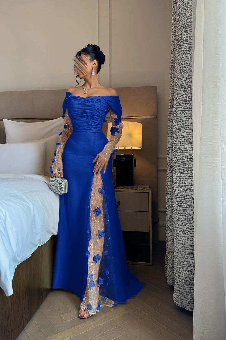 Chic Daffodil Satin Long Sleeves Off the Shoulder Pleated Prom Dress with Sequins