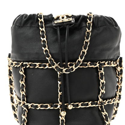 Lambskin Bucket Chain Drawstring Bag Black