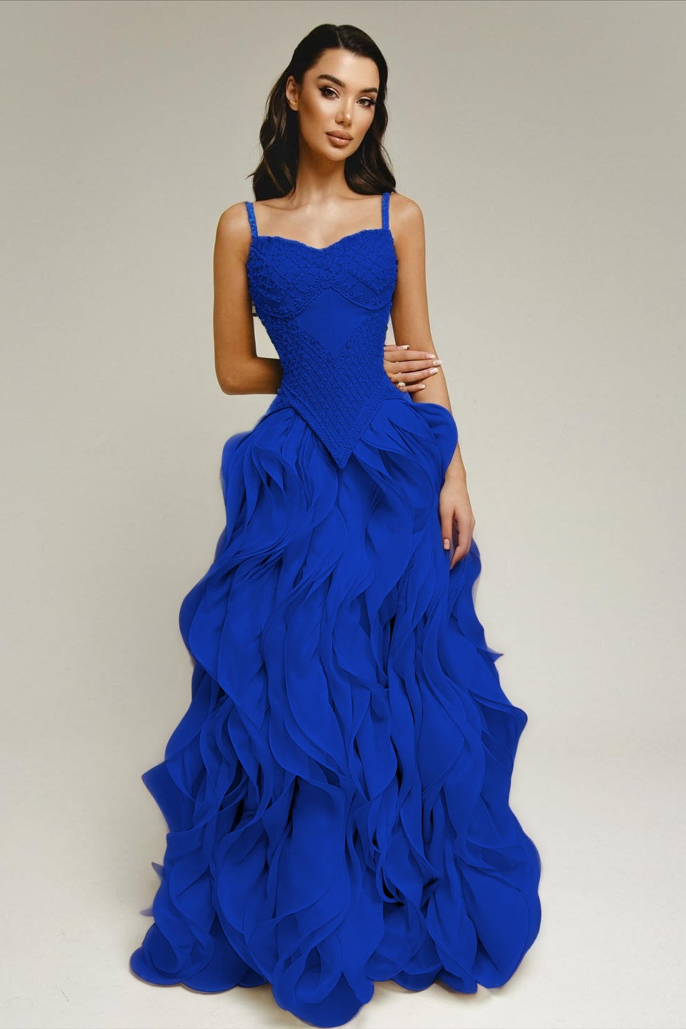 Sleeveless Exquisite Beaded Bustier Prom Dress with Cascading 3D Ruffles