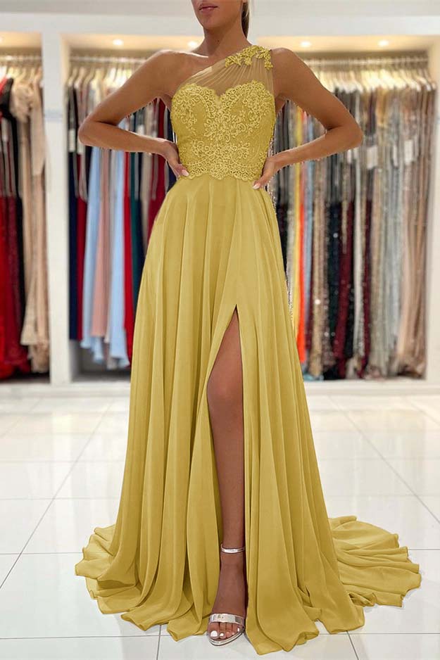 Glamorous One Shoulder Lace Appliques Prom Dress Front Slit