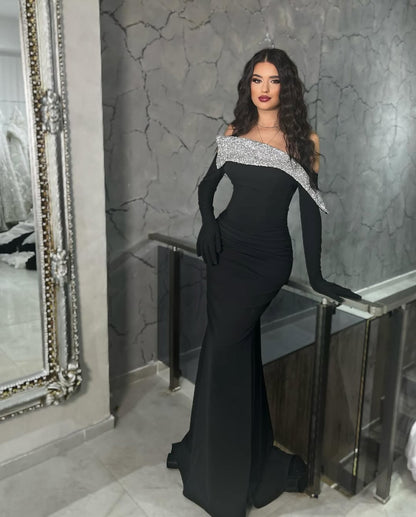 Black Long Sleeves Strapless Mermaid Beads Prom Dress