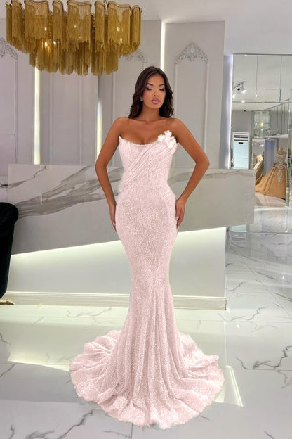 Gorgeous Strapless Sequins Mermaid Prom Dress With 3D-Blumen