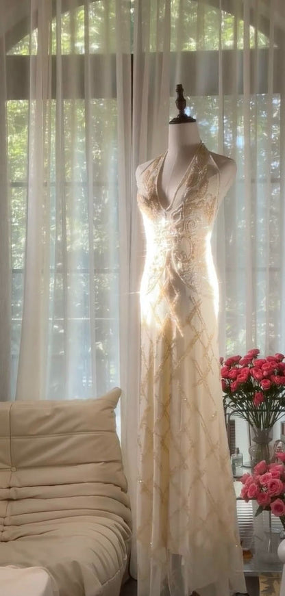 Elegant Sheath Halter Beaded Ivory Chiffon Long Prom Dress Graduation Prom Dress SH2563