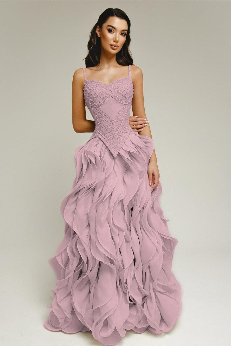 Sleeveless Exquisite Beaded Bustier Prom Dress with Cascading 3D Ruffles