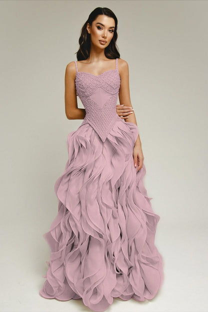 Sleeveless Exquisite Beaded Bustier Prom Dress with Cascading 3D Ruffles