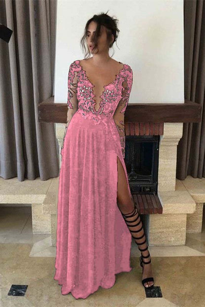 Black Long Sleeves Elegant Evening Dresses Slit