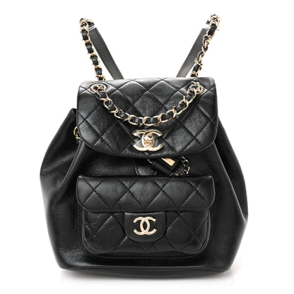 Glazed Aged Calfskin Quilted Small Duma Drawstring Backpack Black