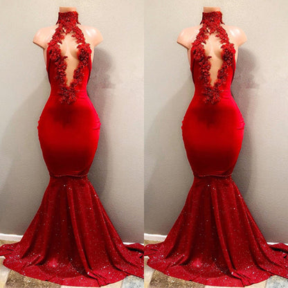 High Collar Red Mermaid Prom Dress Sequins