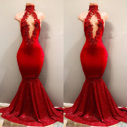 High Collar Red Mermaid Prom Dress Sequins