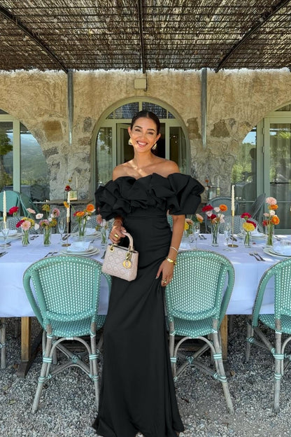 Satin Sleeveless Off-The-Shoulder Long Evening Dress With Pleated