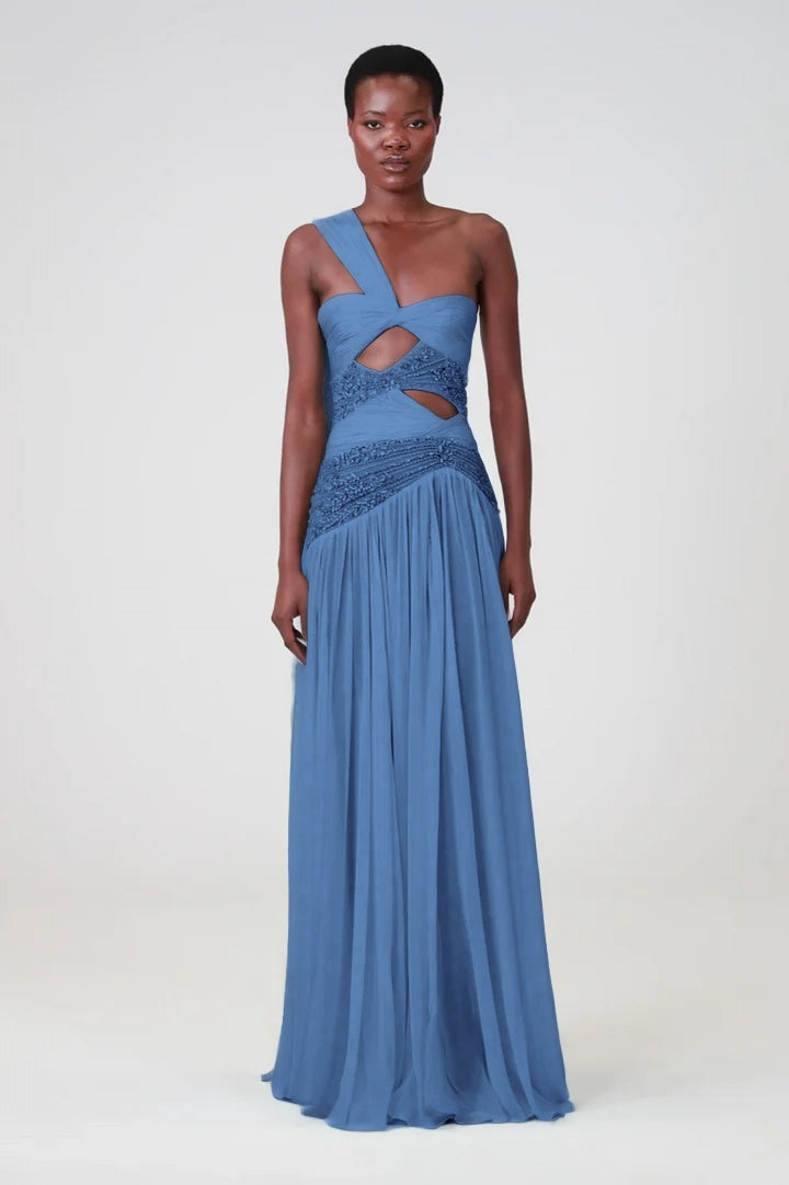 Charming Blue Sleeveless One Shoulder Long Evening Dress with Sequins